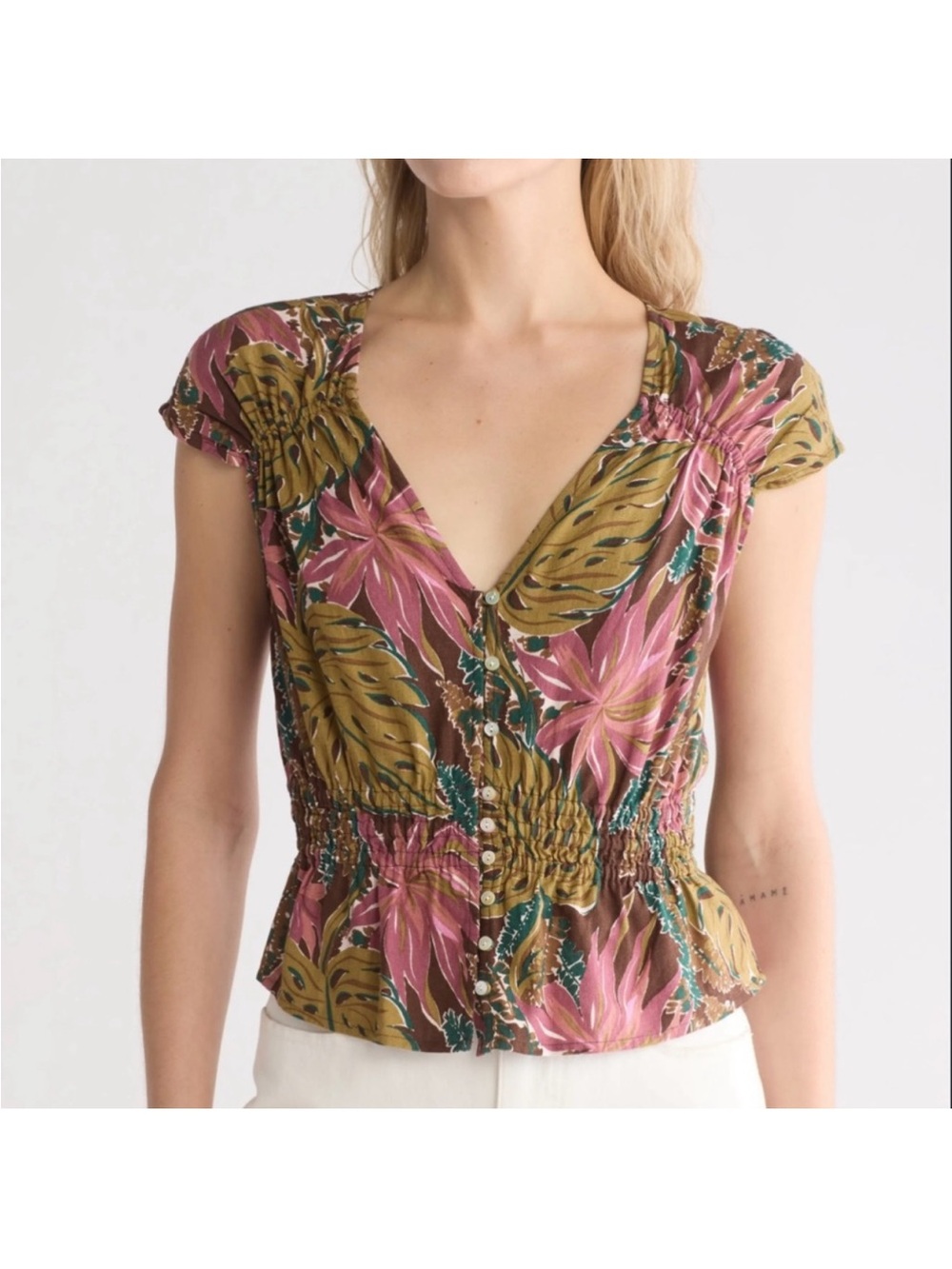 Madewell Floral Tropical Print Shirred Linen top- small
